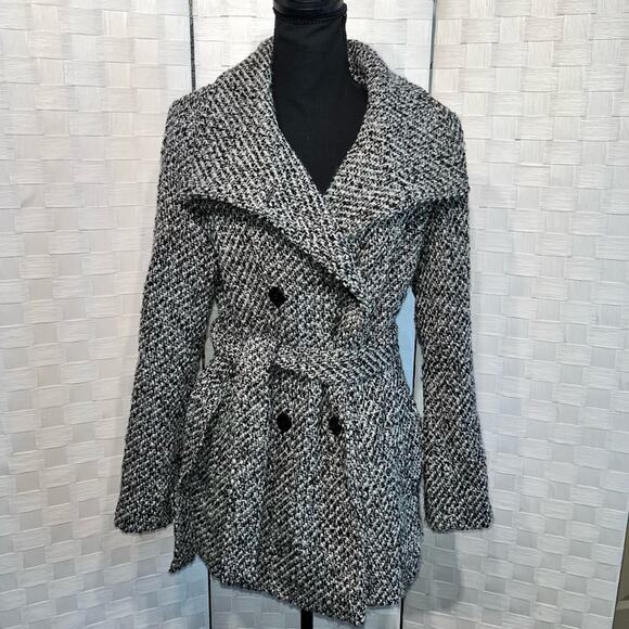 Calvin Klein Tweed Double Breasted Pea Coat Wool Blend Belted Jacket Womens 8 - Picture 16 of 16